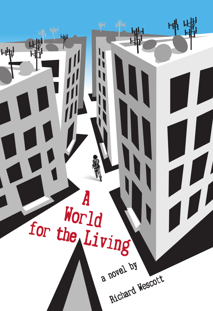 Book cover art. A black and white digital drawing of a cityscape, but the buildings are twisted and distorted. Their roofs are lined with antennae and satellite dishes. A pencil-drawn character runs down the street away from the camera.